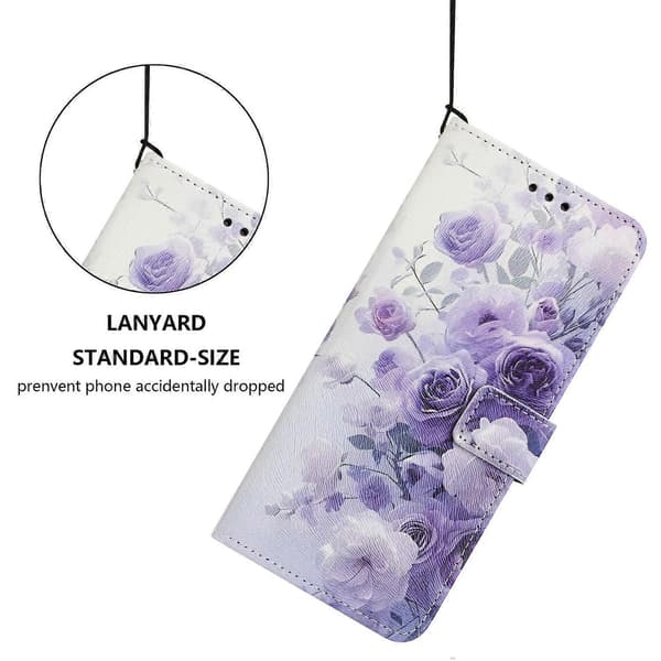 Telefoncover i tegnebogsstil til iPhone 17 Pro Max, trykt PU-læder telefoncover med snor (Lilla Rose)
