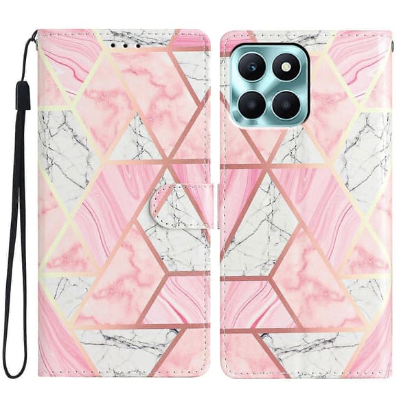 Honor X6c 4G Plånboksfodral PU Läder Tryckt Ställ Telefonfodral med Rem (Rosa, Rosa Marmor)