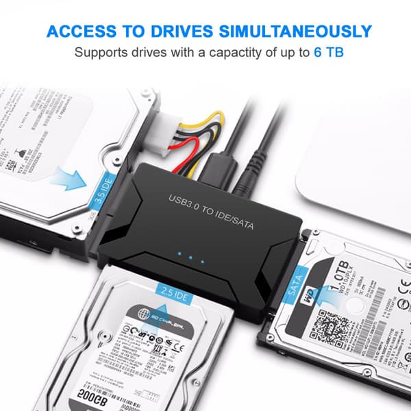 USB 3.0 - IDE/SATA-sovitin, universaali 2,5\"/3,5\" HDD/SSD-muunnin, 12V/2A virtalähde