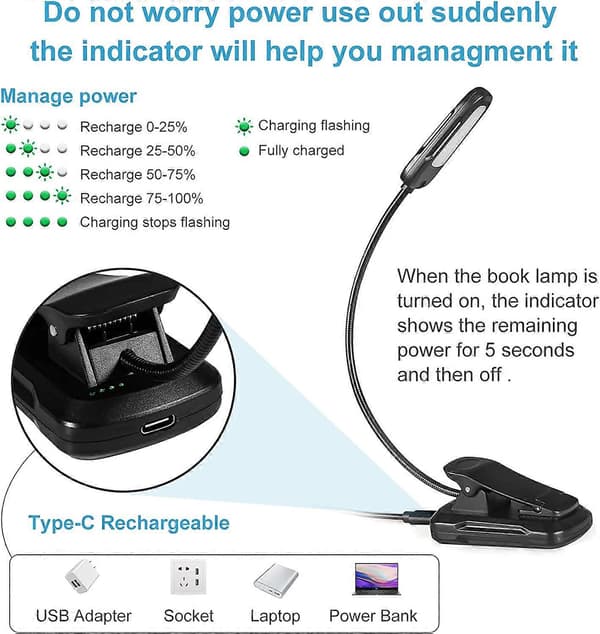 Bokleselys, Oppladbart LED-leselys, 3 lysstyrkemoduser x 3 farger (hvit/varm/varm hvit), 360 fleksibel hals, Leselys for lesing