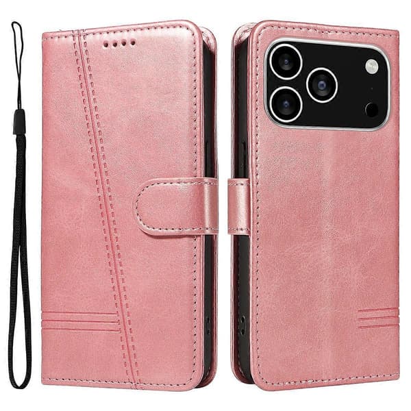 Plånboksfodral T-Line Läder Telefonskyddsfodral för iPhone 17 Pro (Rosa Guld, Roséguld)