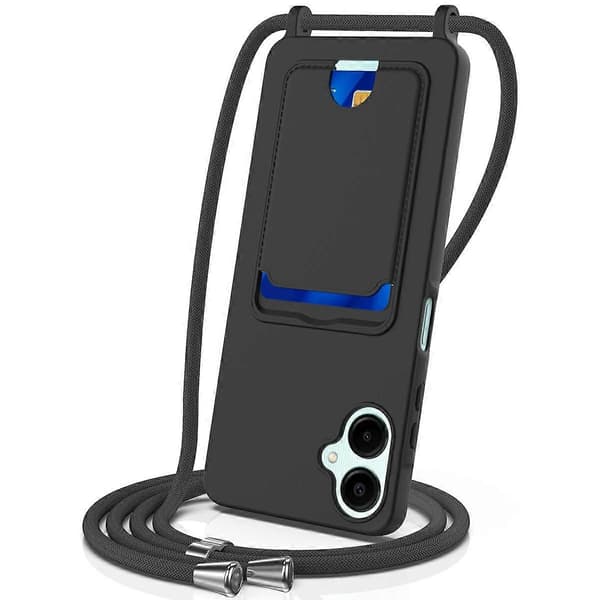 Flydende silikone telefoncover med kortholder og lanyard til Samsung Galaxy A06 - Sort (Sort)
