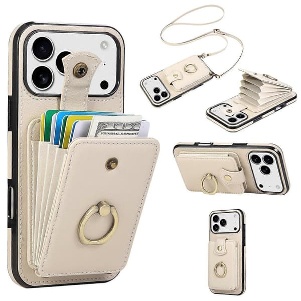 För iPhone 17 Pro Mobilskal Korthållare Ringstativ TPU PU Läder Telefonskyddsfodral med Lång Rem (Beige, Beige)