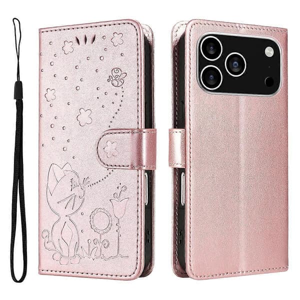 Læder Wallet Case til iPhone 17 Pro med Kat og Bi Mønster, Beskyttende Telefonholder