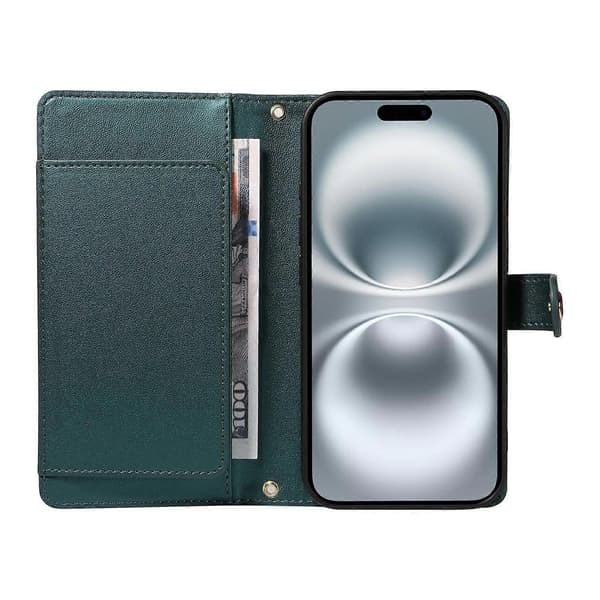 Plånboksfodral för iPhone 16 (med axelrem), Diamantläderfodral med stativ (Mörkgrön, Mörkgrön)
