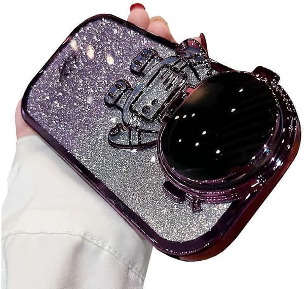 Astronaut Dold Ställ Telefonfodral för iPhone 14 Pro Max, Sött Astronaut Lins Kameraskydd Stödfodral Lyxigt Glitter Bling