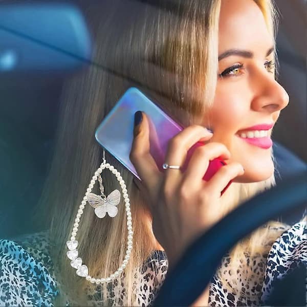 Perlebesat telefon-snor håndledsrem perle hjerteformet perlebesat telefon charm rem med sommerfugl vedhæng