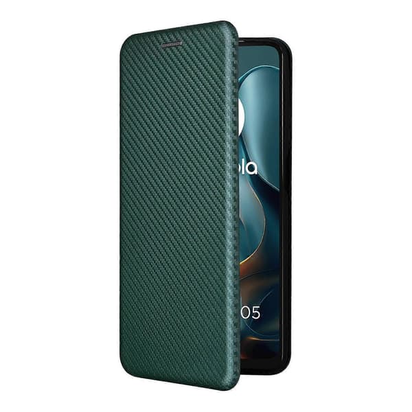 Flip-telefoncover i læder med kulfibertekstur (Grøn, til Motorola Moto G05 / E15)