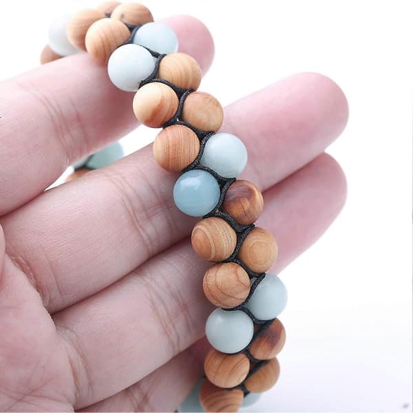 Tianhe Sten Naturlig Amazonit Sten Träpärlor Dubbellagers Armband Justerbart Handflätat Armband