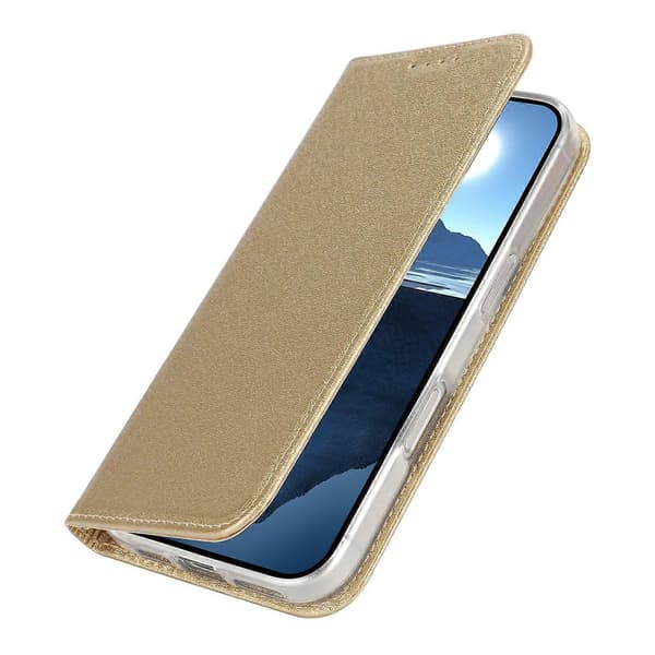 För iPhone 16 Mobiltelefonfodral PU Läder Silkesstruktur Magnetisk Flip Telefonskyddsfodral (Guld, Guld)
