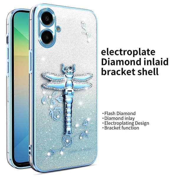 KADEM mobilskal för Samsung Galaxy A06 med sländstativ, TPU-blommor, glitter - blå (blå)