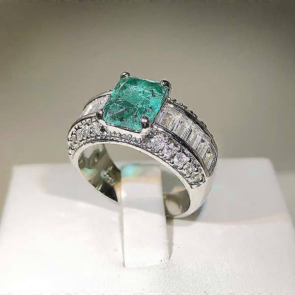 Diamant fuld ring grøn simuleret smaragd dame smaragd vedhæng firkantet