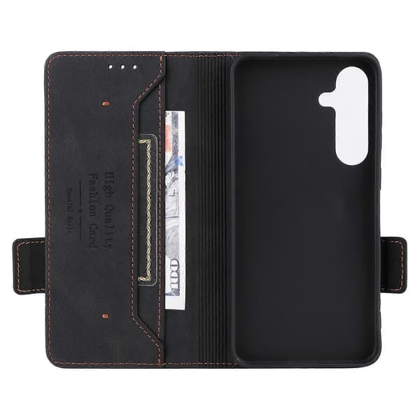 Til Samsung Galaxy S25+ Mobiltelefon Etui Læder Wallet Flip Telefon Beskyttelsesetui med Hardware Dekoration - Sort (Sort)