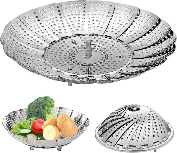 23*7,1 cm grøntsagsdamper med dampindsats lavet af rustfrit stål, dampindsats foldbar, tåler opvaskemaskine, sølv