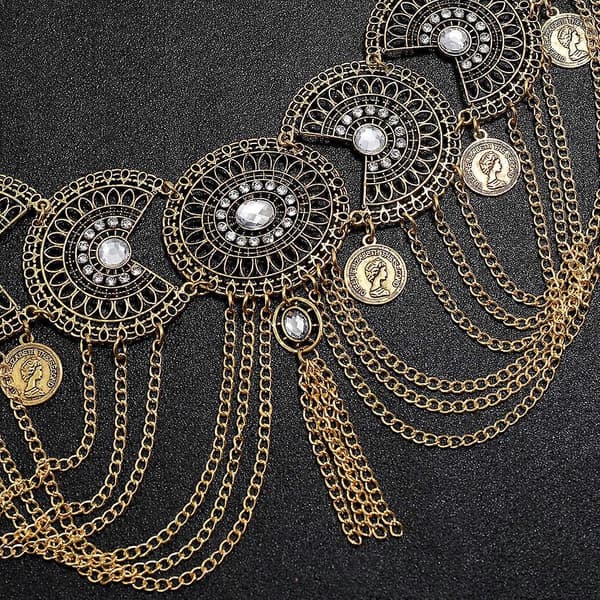Boho Mønt Mavekæde Rhinestone Taljekæder Dans Sommer Kropssmykker til Kvinder og Piger (guld)