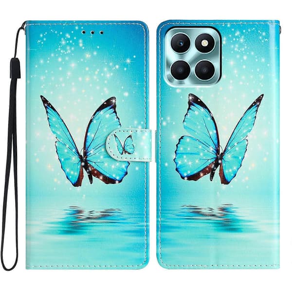 Honor X6c 4G Plånboksfodral PU Läder Tryckt Ställ Telefonfodral med Rem (Blå, Blå Fjäril)
