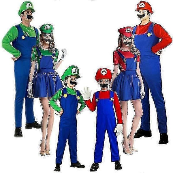 Super Mario Luigi Cosplay Kostym Hög Kvalitet Vuxen Barn (S, Luigi Grön Flicka)