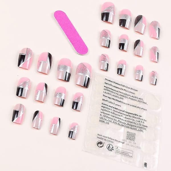 Firkantede Press-on Negle Medium Kunstige Negle med Neglelim Akryl Kunstige Negle med Pink Sort Sølv Design