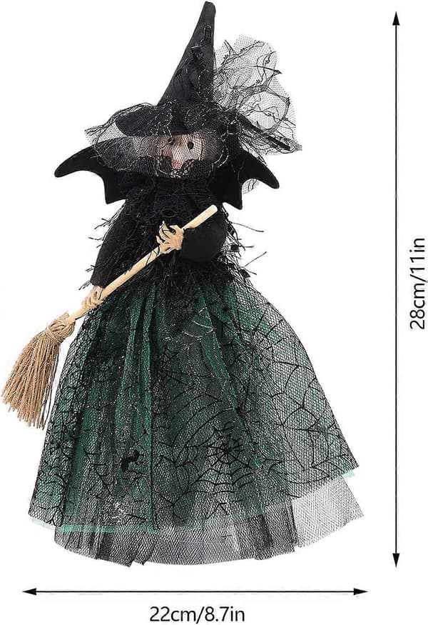 Halloween Heks Trætop Ornament, Efterårshøst Spøgelsesløse Hekse Dukke (Grøn)