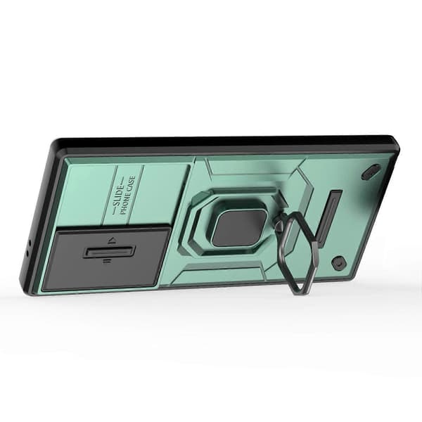 För Samsung Galaxy S24 Ultra Mobilskal Anti-fall PC+TPU Ställ Skyddsfodral med Skjutbart Linsskydd (Grön)