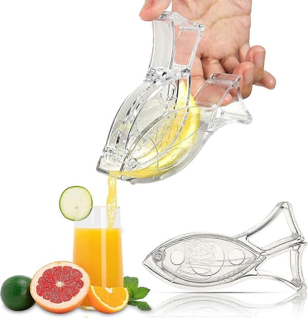 Set med 2 transparenta citronpressar i akryl i form av en fisk