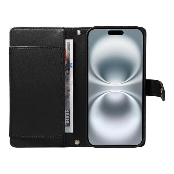 For iPhone 16 Wallet Case med skulderrem, diamant læder stander etui (sort, sort)