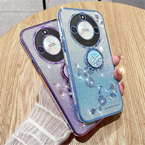 KADEM Skal för Honor X60 5G med Ringhållare TPU Blomma Telefonskydd Gradient Glitter - Blå (Blå)