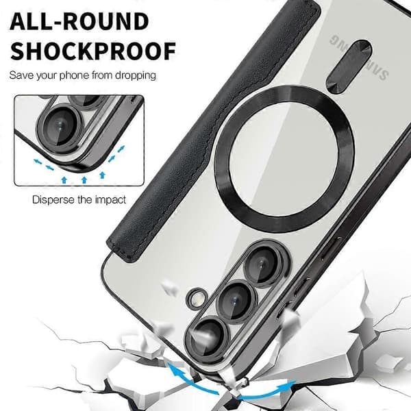 Til Samsung Galaxy S25+ Telefon Cover, Kompatibel med MagSafe RFID Blokerende Læder Telefon Cover - Sort (Sort)
