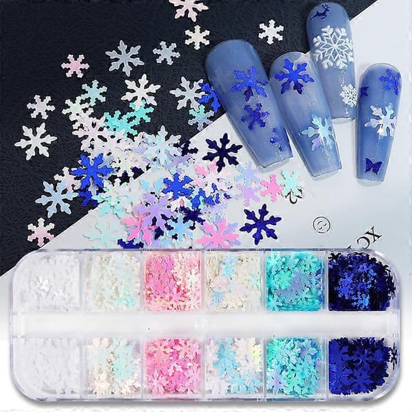 12 rom Snøfnugg Neglekunst Paljetter Jul Snøfnugg Glitter Neglepaljetter