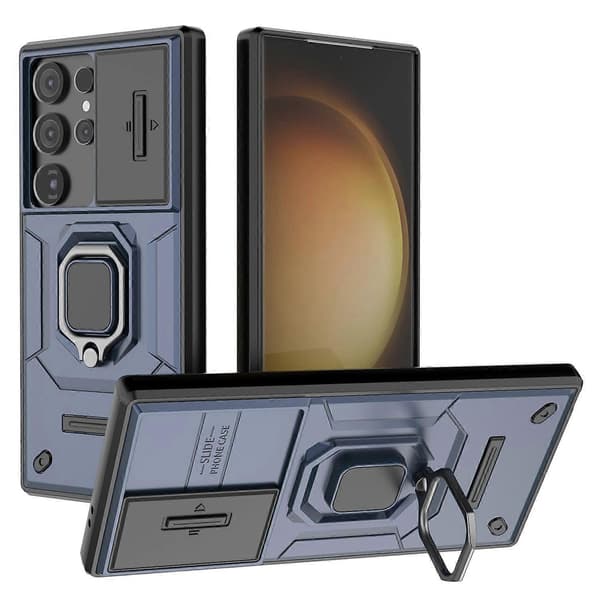 För Samsung Galaxy S24 Ultra Mobilskal Anti-fall PC+TPU Ställ med Skjutbart Linsskydd (Blå)