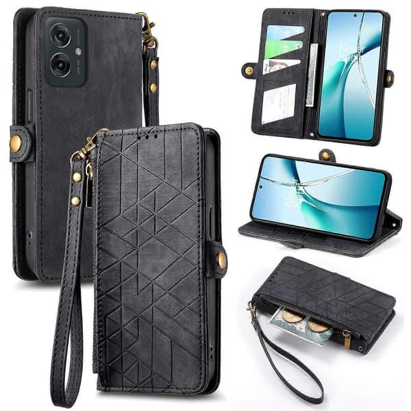 PU-læder standpung taske med geometrisk print til Motorola Moto G55 5G - Sort (Sort)