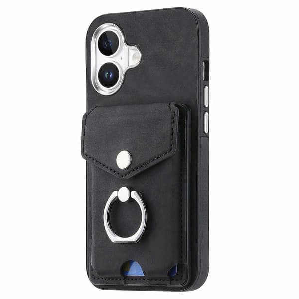 För iPhone 16 Plus Mobilskal Ringstativ Läderbelagd TPU Baksida med Korthållare - Svart (Svart)