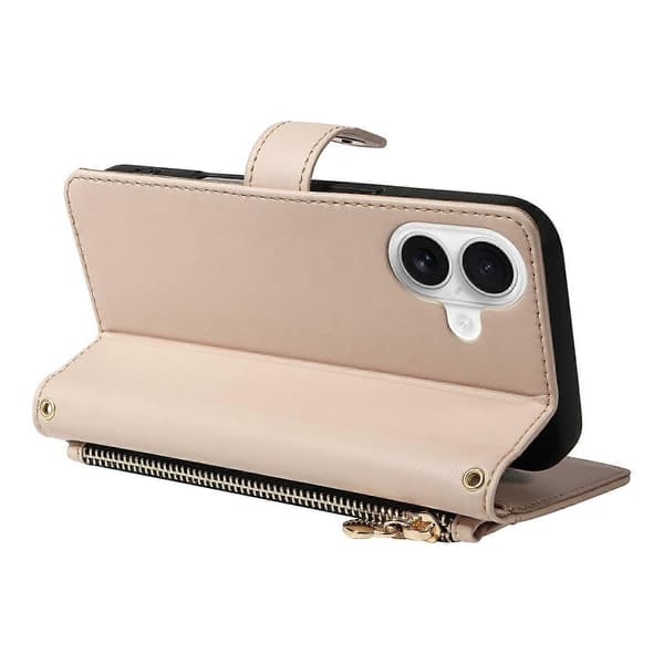 Plånboksfodral för iPhone 16 (med axelrem), Diamantläderfodral med stativ (Beige, Beige)