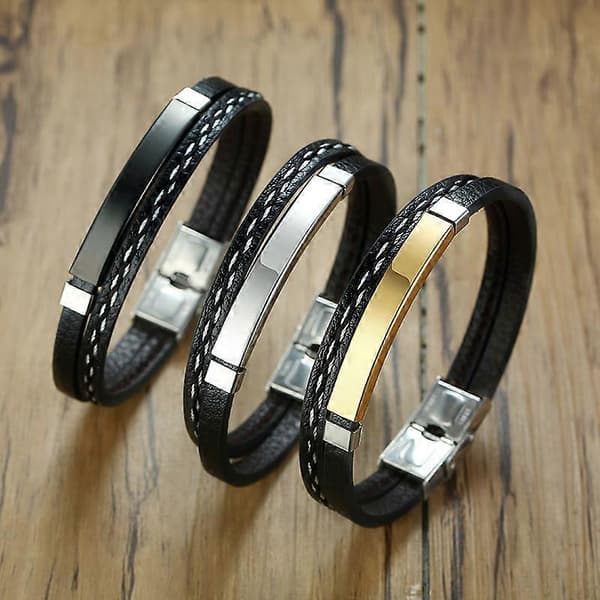 Herre Sort Multilags Læderarmbånd Charm Rustfrit Stål Bar Mand Kvinde Smykker, 3 stk