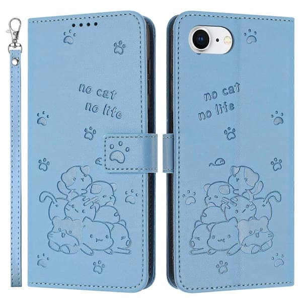 Til iPhone 16e Telefon Cover med Katteprint Læder Wallet Telefon Cover - Blå (Blå)
