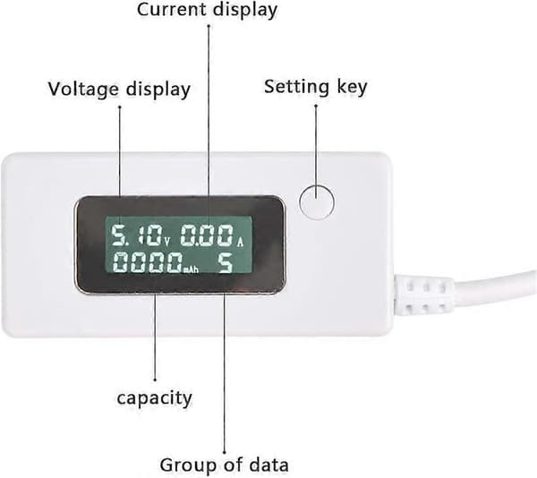 White Tail LCD-bakgrundsbelysning LCD Digital Display USB Amperemeter Voltmeter Laddningskapacitet Detektionstabell Detektor