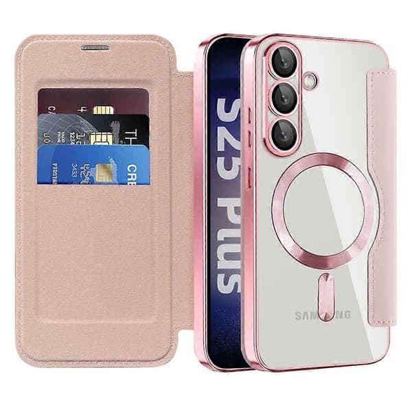 För Samsung Galaxy S25+ Mobilskal, Kompatibelt med MagSafe Diamant PU Läder Mobilskal - Rosa (Rosa)
