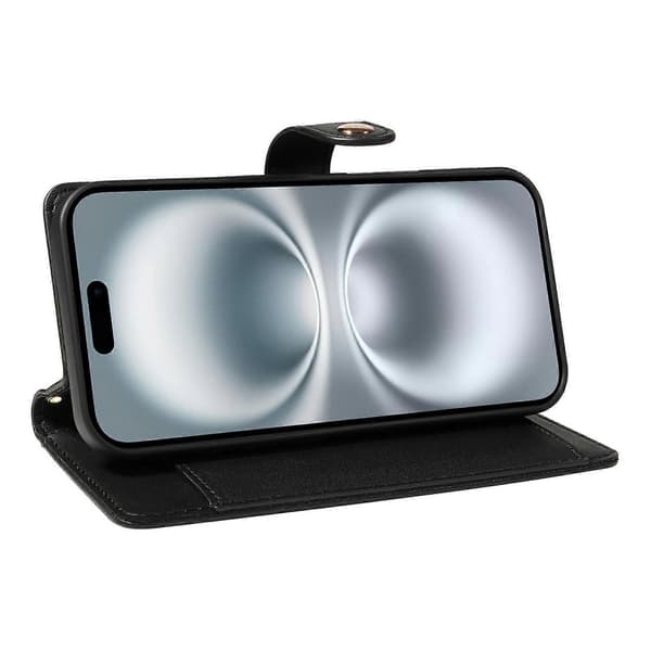 For iPhone 16 Wallet Case med skulderrem, diamant læder stander etui (sort, sort)