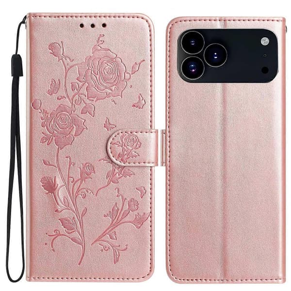 Plånboksfodral för iPhone 17 Pro Rosmönster Tryckt Läder Flip Ställ Telefonskyddsfodral med Rem (Rosa Guld, Roséguld)