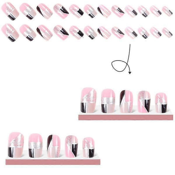 Firkantede Press-on Negle Medium Kunstige Negle med Neglelim Akryl Kunstige Negle med Pink Sort Sølv Design