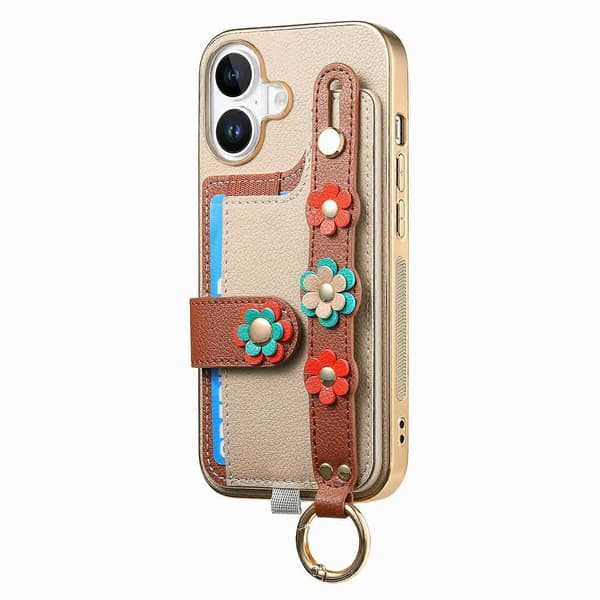 Til iPhone 16 Plus Telefon Cover Kortholder Læder Bagside Cover 3D Blomst Armbånd - Khaki (Khaki)
