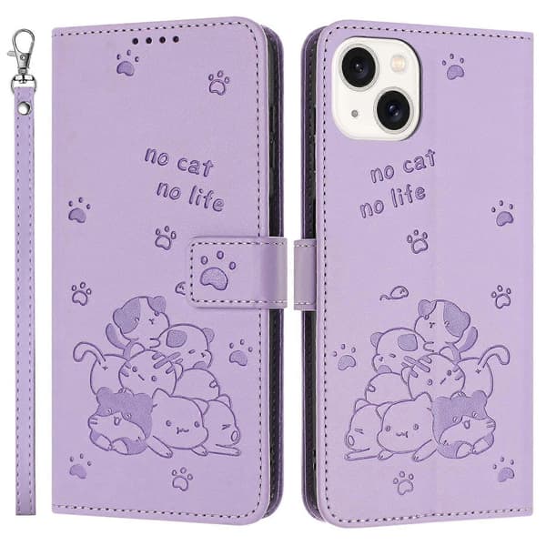 Telefoncover med rem til iPhone 15 Plus/14 Plus med katteprint læderpung - Lilla (Lilla)