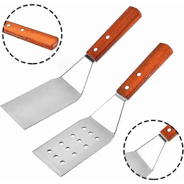 Spatelsett i rustfritt stål, grillspatel, grillspatelsett i rustfritt stål med trehåndtak for Teppanyaki, grill, biff, pizza (Stor 2 stk)
