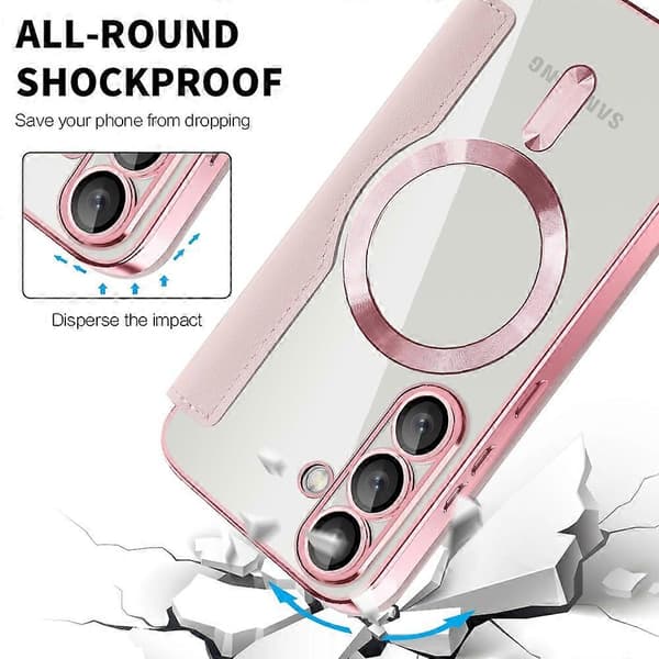 För Samsung Galaxy S25+ Mobilskal, Kompatibelt med MagSafe RFID-blockerande Läder Mobilskal - Rosa (Rosa)