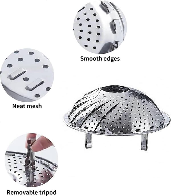 23*7,1 cm grøntsagsdamper med dampindsats lavet af rustfrit stål, dampindsats foldbar, tåler opvaskemaskine, sølv
