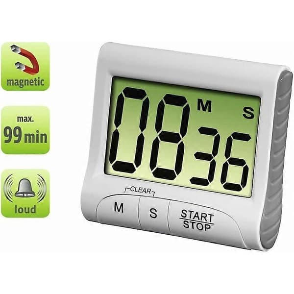 Kökstimer \"Countdown\" (med timer- och stoppursfunktion, fästs med magnet, klämma, fäste eller stativ, batteridriven, digital) Vit/Grå