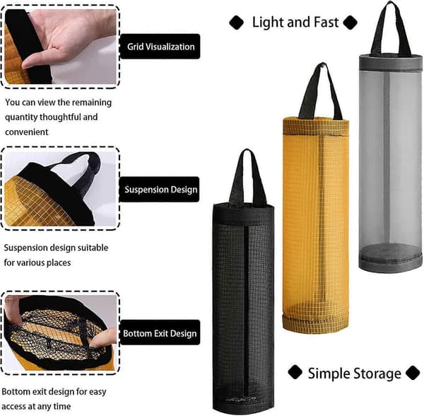 Oppbevaringspose for søppelsekker, plastpose, hengende nettpose, svart, grå, gul, 3 farger sett