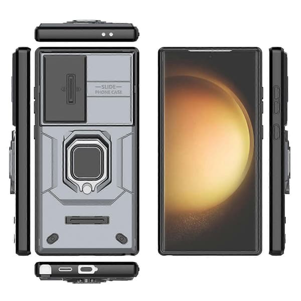 För Samsung Galaxy S24 Ultra Mobilskal Anti-fall PC+TPU Ställ Skyddsfodral med Skjutbart Linsskydd - Grå (Grå)