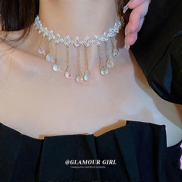 Rhinestone Duske Frynse Kjede Halskjeder Sølv Krystall