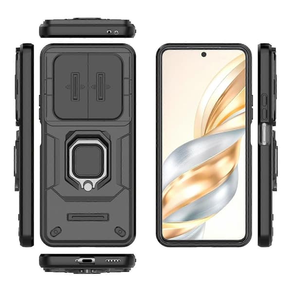 Honor X60 5G -puhelimen suojakotelo PC + TPU -jalustalla ja linssinsuojuksella - musta (musta)